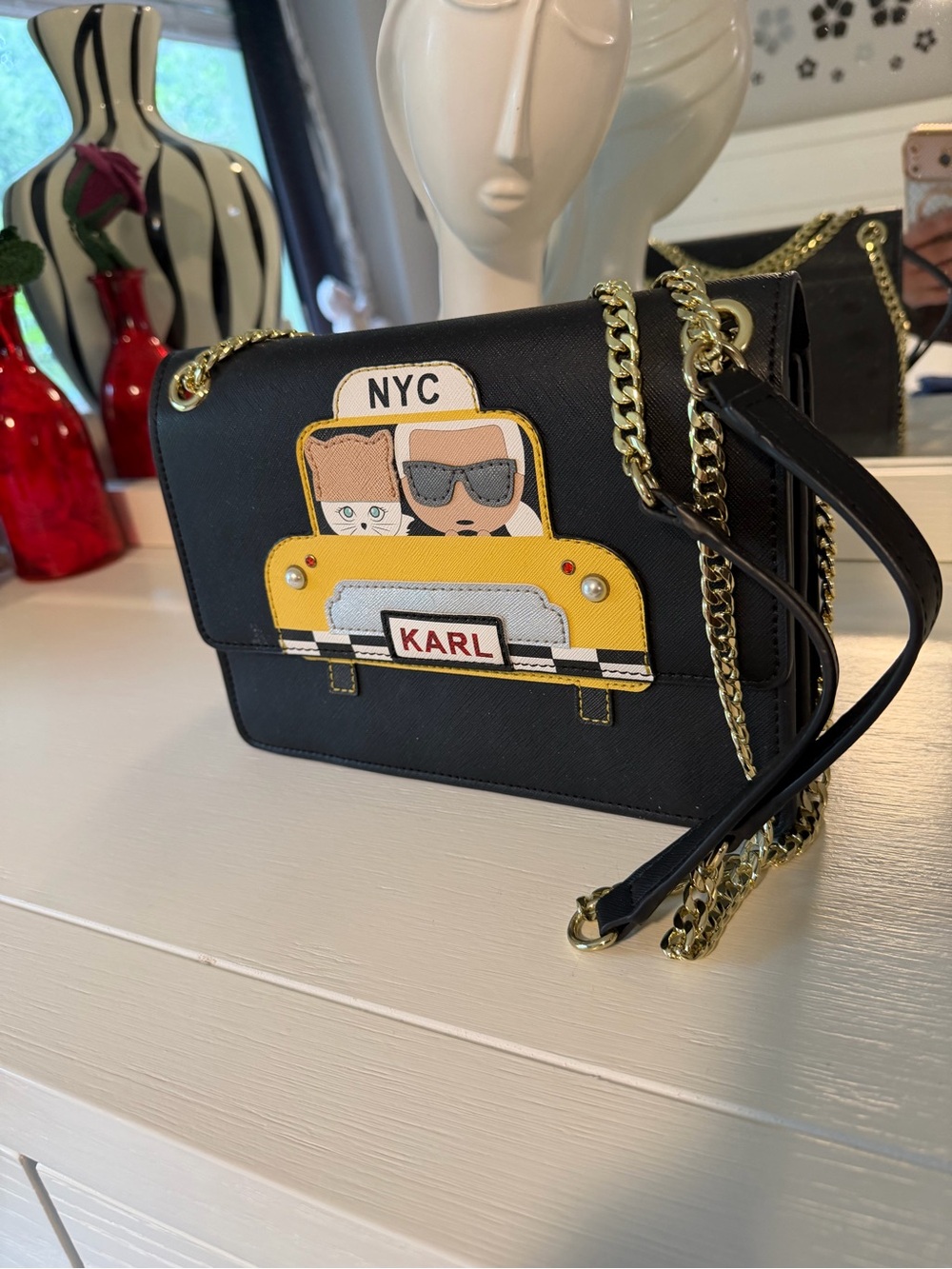 Karl Lagerfeld Black Crossbody Bag with Yellow NYC Taxi Appliqué